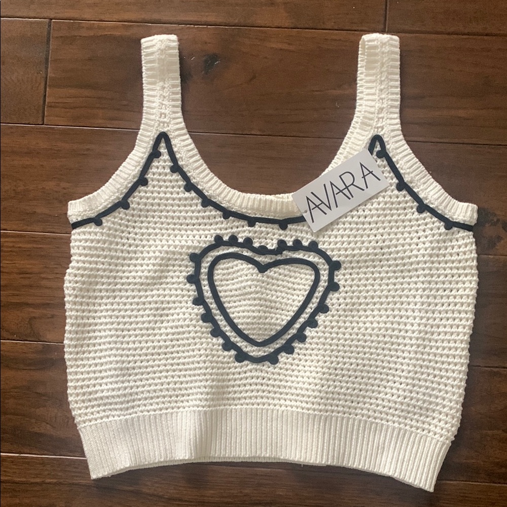 Avara White Knit Crop Top with Black Heart Accent